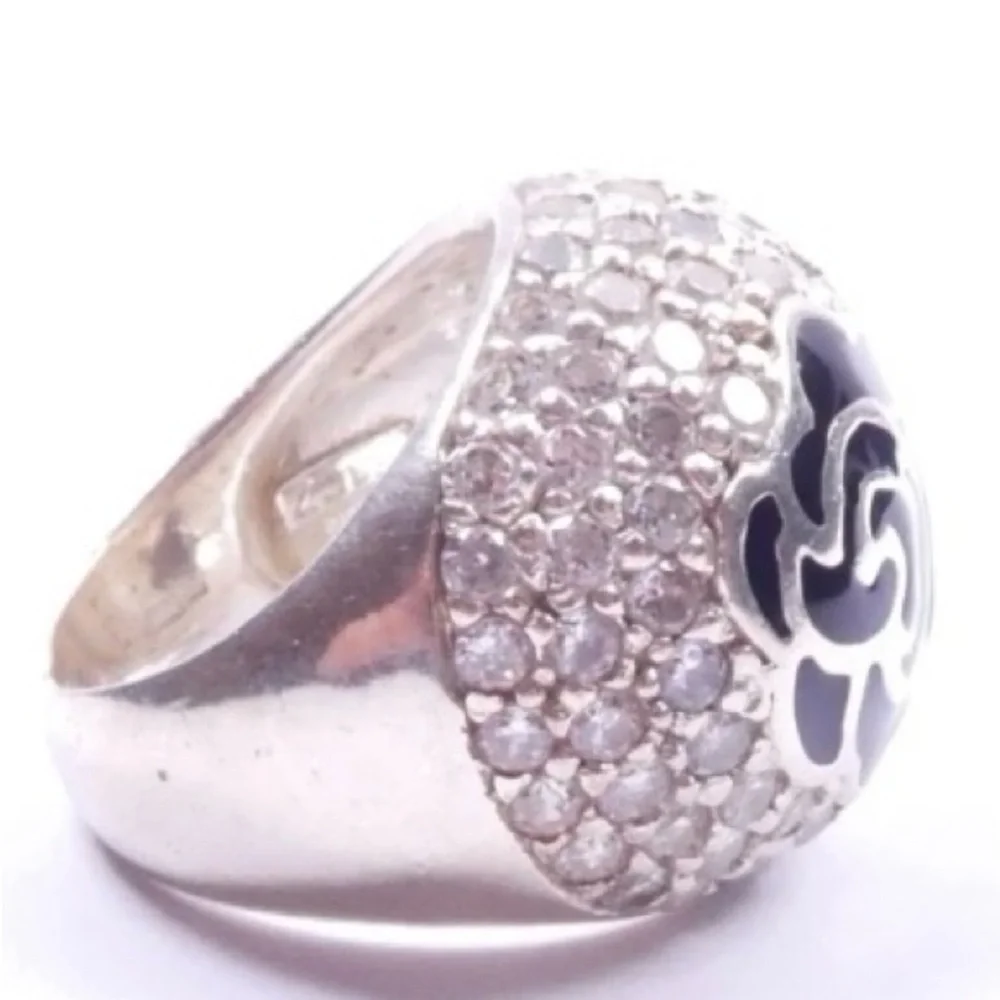 VTG RARESerling Silver Ring Black Enamel Roses with Pave Cz Diamonds Size 10